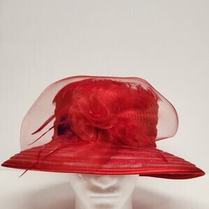 Women's Red Dressy Hat Banded Silk Bows Wedding Church Derby 100% Straw Vintage